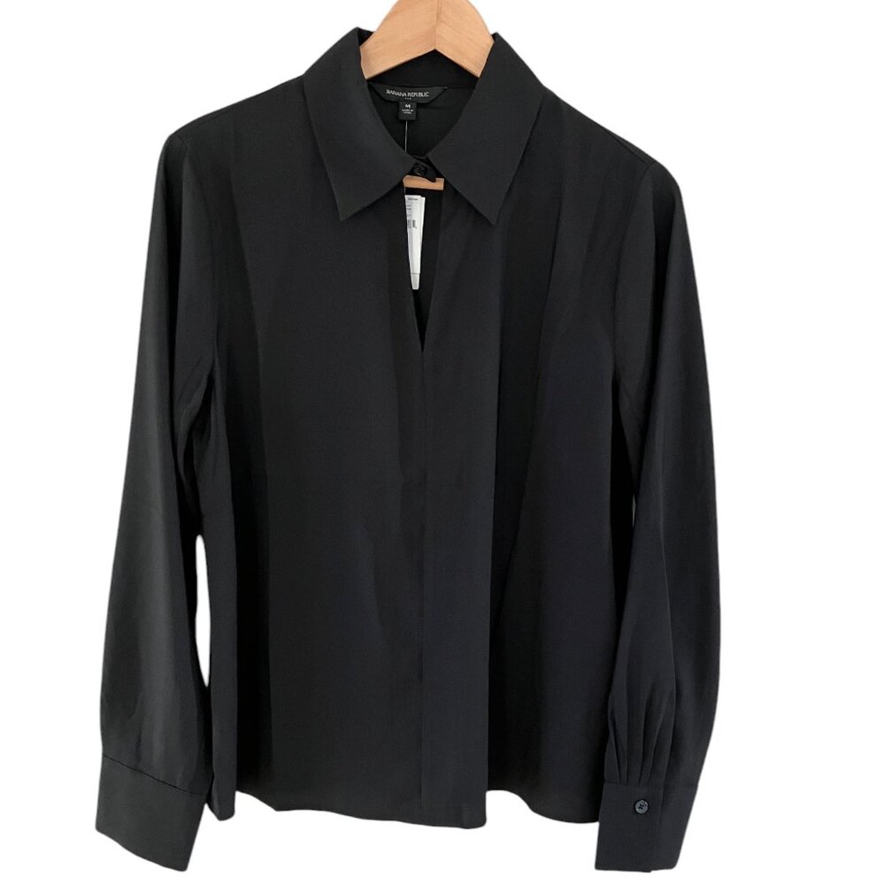 Banana Republic Factory collared key hole long sleeve blouse black womens sz M